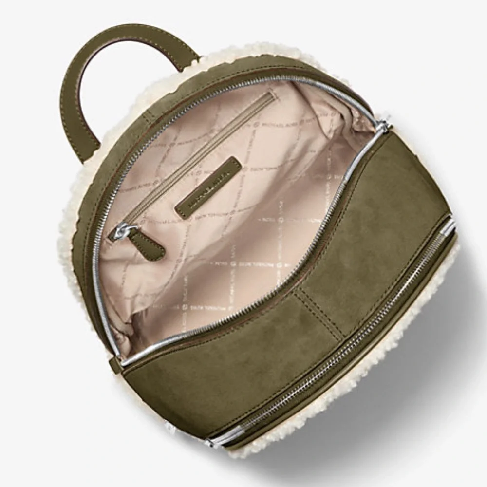 MICHAEL KORS Rhea Medium Suede and Faux Shearling Backpack Olive NWT